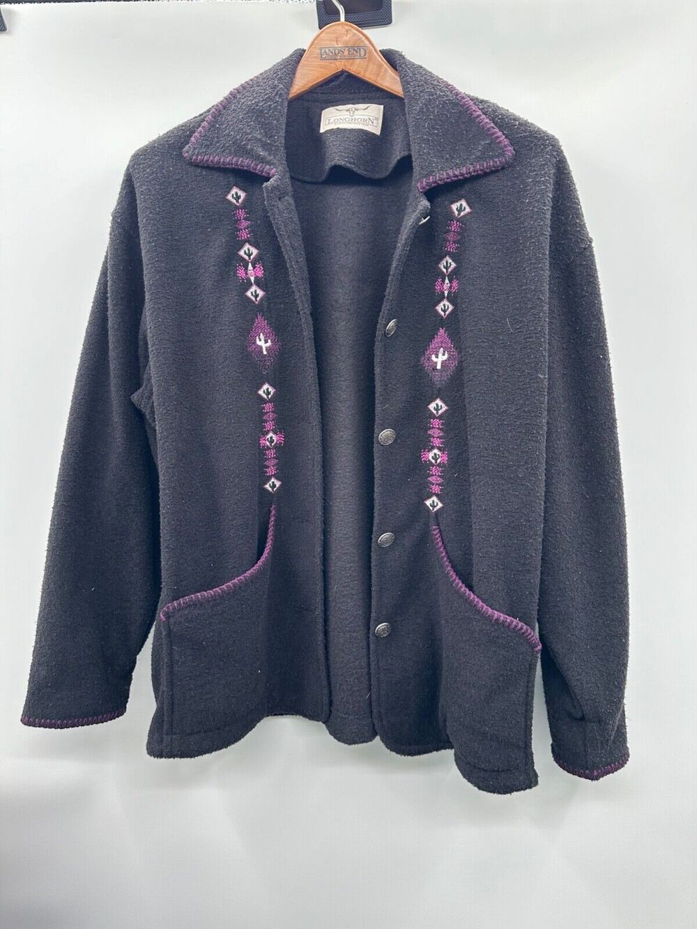 Vtg Longhorn Niver Western Wear Cardigan Sweater Black Button Up